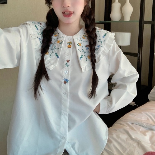 ZHELIHANGFEI Áo Sơ Mi Tay Dài Dáng Rộng Cổ Búp Bê Thêu Họa Tiết Xinh Xắn Phong Cách Nhật Bản