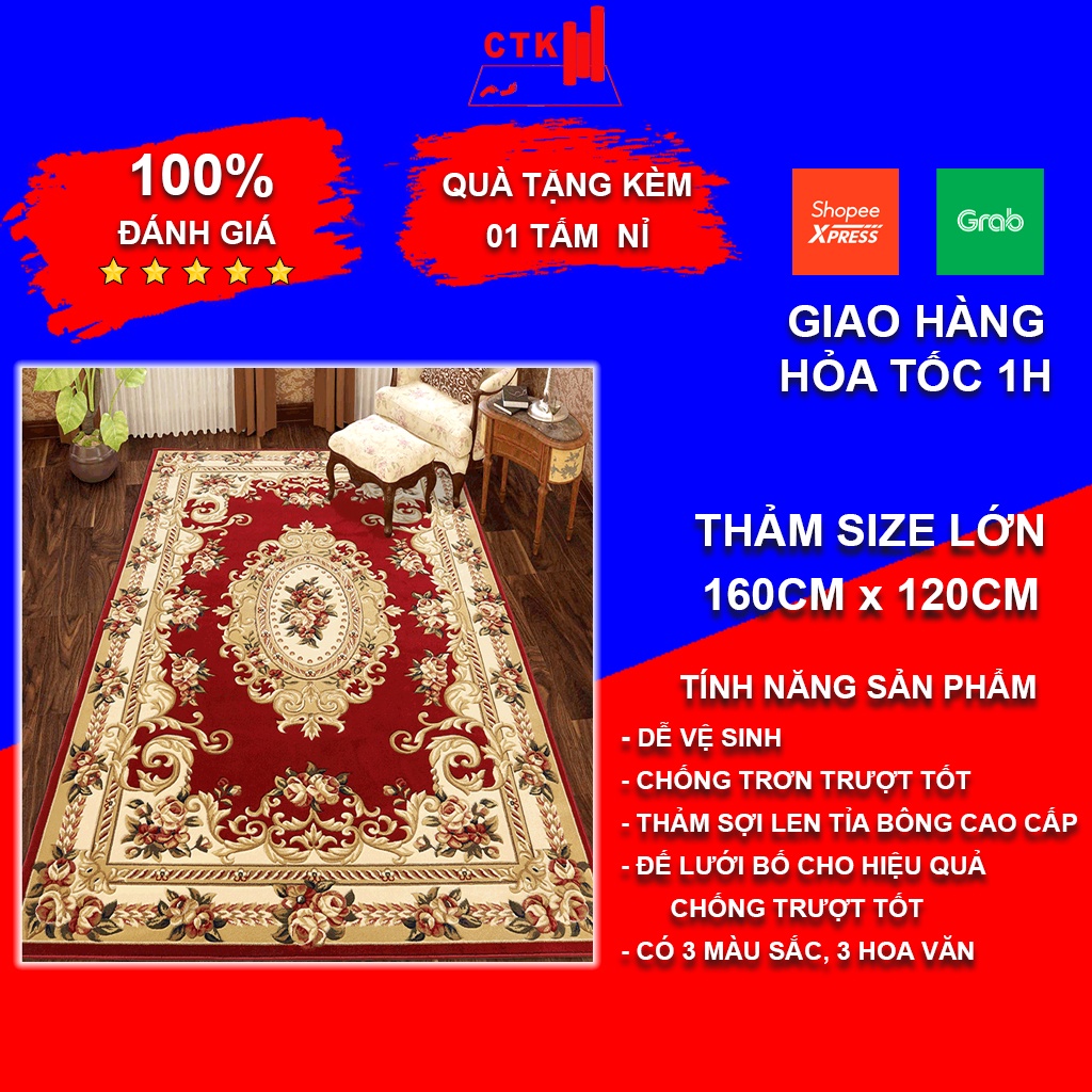 Thảm trải sàn phòng khách, thảm len trang trí phòng ngủ cao cấp cổ điển tỉa bông 160x 120cm