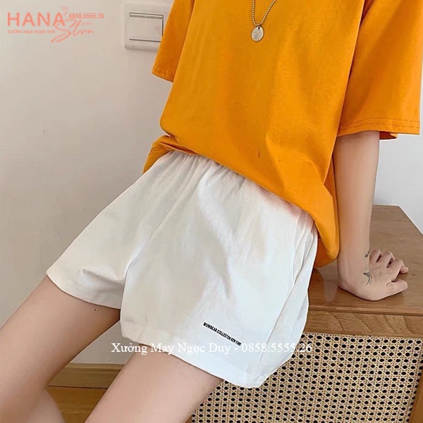 Quần đùi nữ mặc nhà ống rộng vừa cạp chun lưng thun vải đũi thêu chữ - Quần short nữ mặc nhà ngủ đi biển thể thao gym