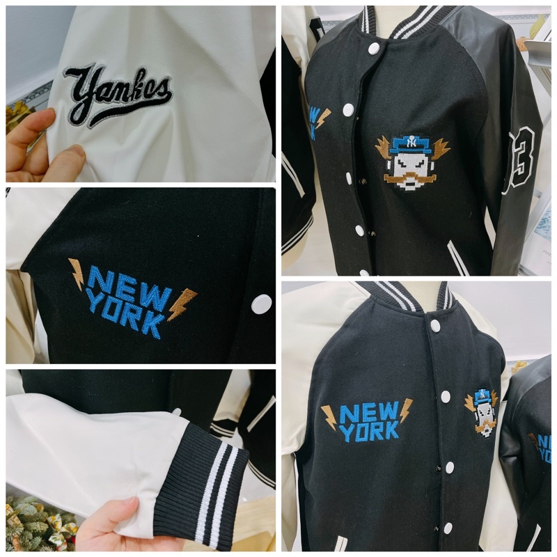 ÁO KHOÁC BÓNG CHÀY MLBNY MARIO TRẮNG ĐEN TAY DA -BOMBER VARSITY MLBNY JACKET - HÀNG CÓ SẴN