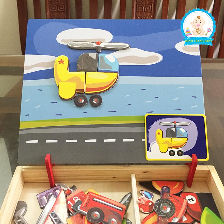 Đồ chơi gỗ bảng ghép hình nam châm 2 mặt phương tiện giao thông cho bé thông minh
