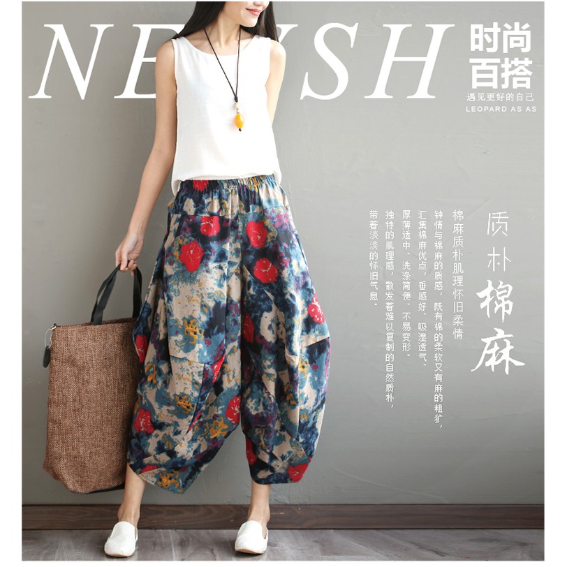 Quần Dài Ống Rộng Vải Cotton Lanh In Họa Tiết Thổ Cẩm Cá Tính | BigBuy360 - bigbuy360.vn