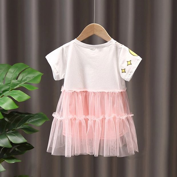 Đầm Công Chúa Tay Ngắn Phối Lưới Họa Tiết Hoạt Hình Phong Cách Hàn Quốc Cho Bé Gái