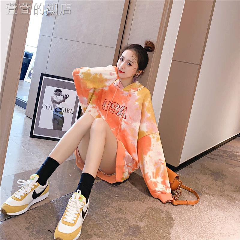 Áo Hoodie Vải Cotton Mỏng Phối Màu Nhuộm Kiểu Retro Cá Tính Cho Nữ