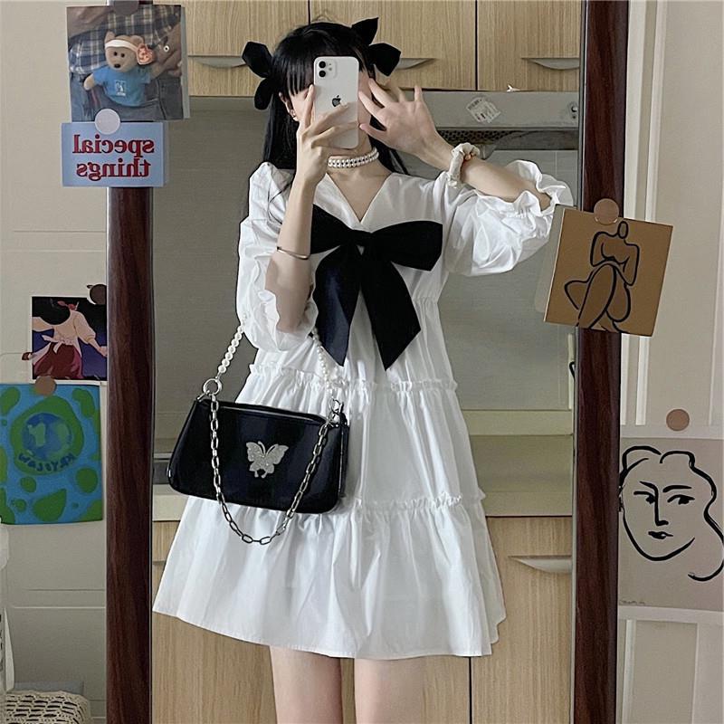 Đầm tay dài phồng cổ chữ v phong cách mùa hè thời trang dễ thương cho nữ | BigBuy360 - bigbuy360.vn
