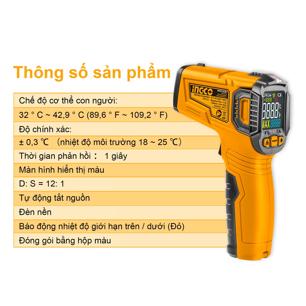 Máy đo độ ẩm, nhiệt độ hồng ngoại cầm tay INGCO HIT010381 đo nhiệt độ có màn hình hiển thị màu