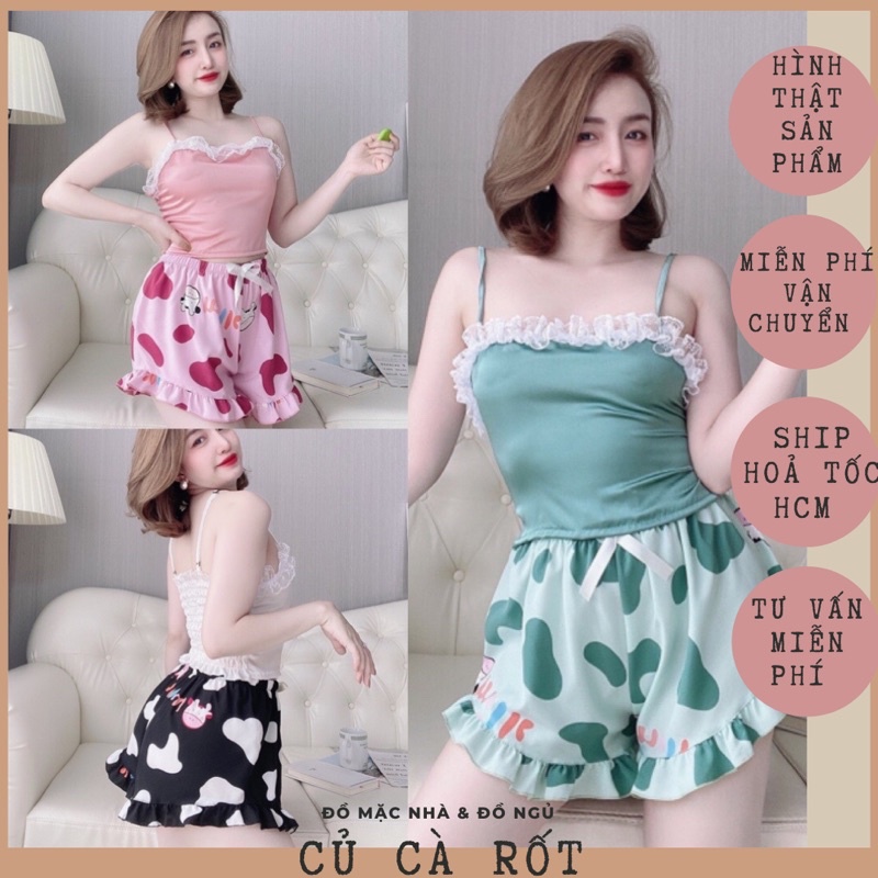 🔥HOT🔥 Set bộ lụa satin áo dây viền ren quần đùi hoạ tiết bò sữa dễ thương