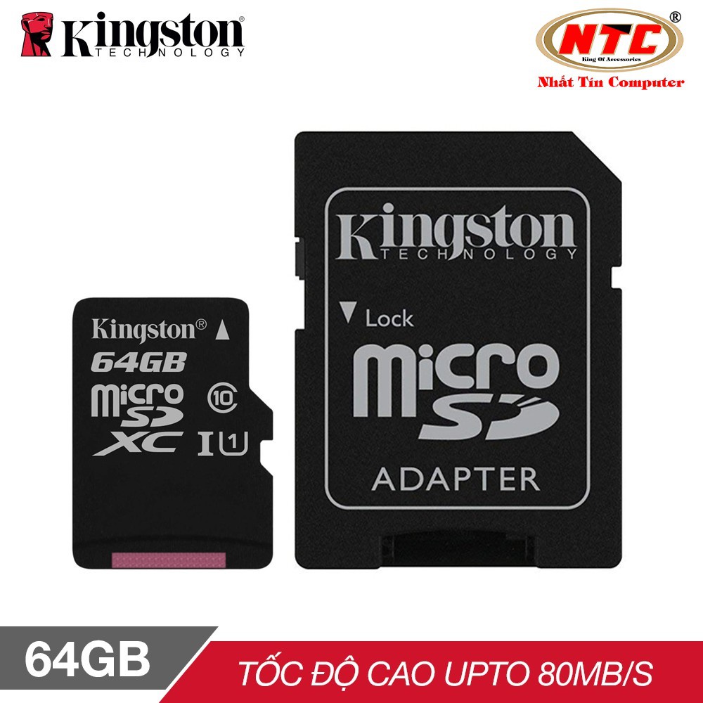 Thẻ nhớ microSDXC Kingston 64GB Class 10 U1 80MB/s kèm adapter (Đen) - Kèm Adapter