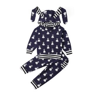 ◕‿◕Baby Kids Boy Girl Clothes Set Newborn Cartoon Printed Bunny Ears Sweatshirts Hooded Tops Long Pants 2PCS Children