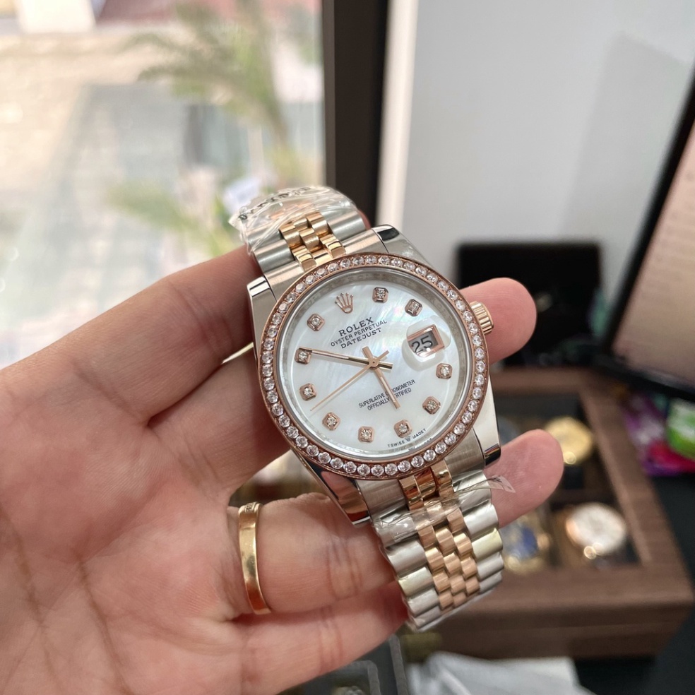 Đồng Hồ Nam RoLex DayJust Sapphire RA25 Mặt Trắng viền đá Máy cơ Automatic Nhật
