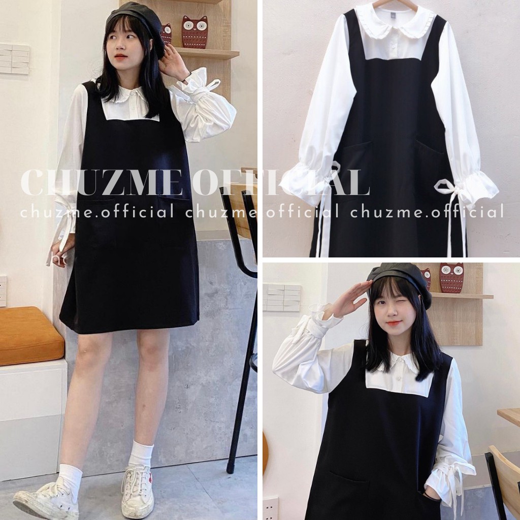 Đầm chữ A tay pha màu trắng - Váy Yếm Thiết Kế Tay Nơ Hàn Quốc