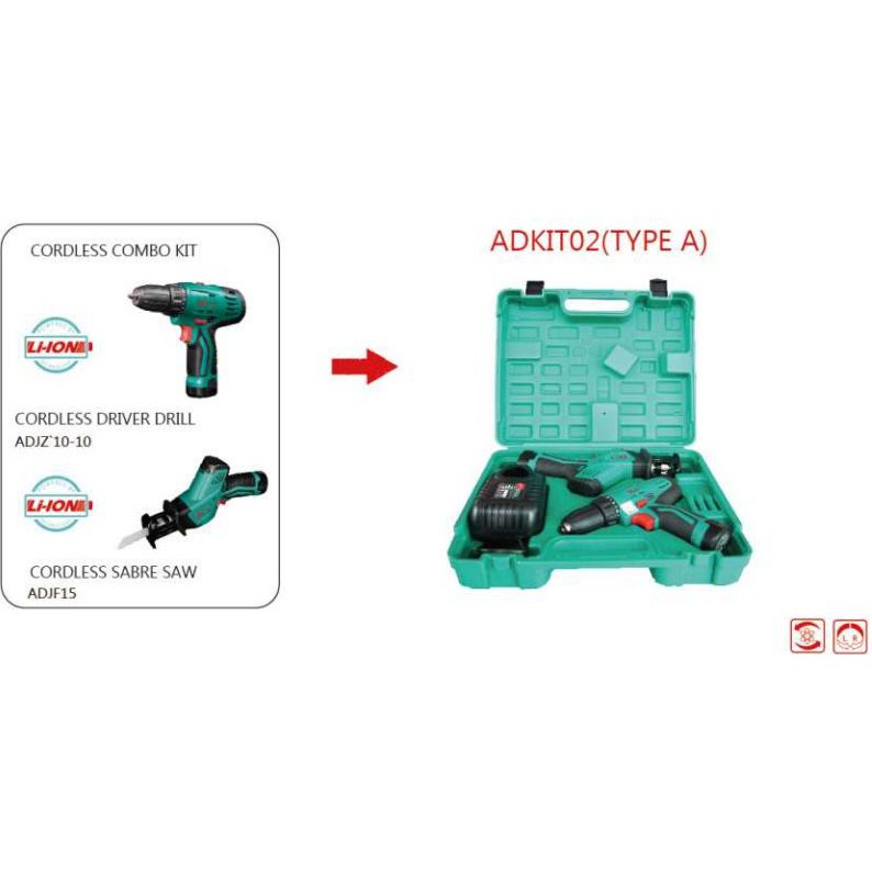 ADKIT02E Bộ combo máy khoan và máy cưa kiếm dùng pin DCA
