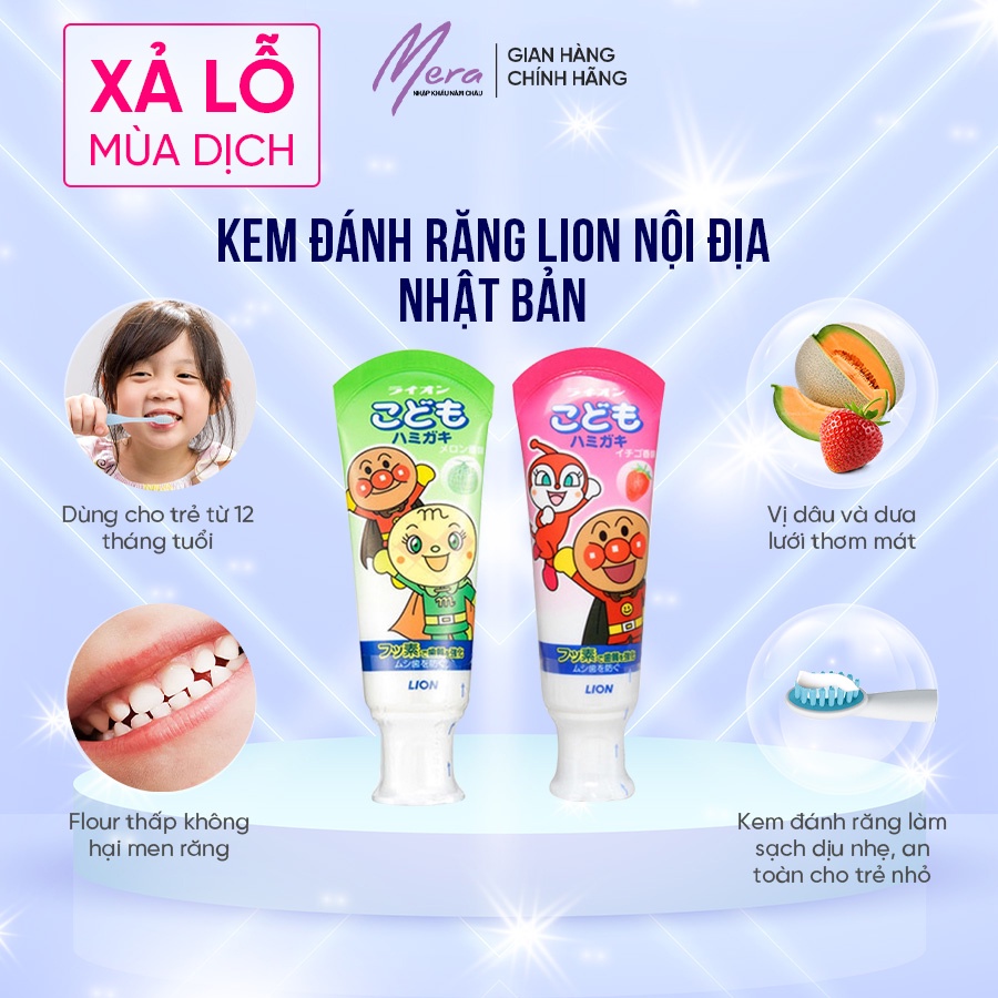 KEM ĐÁNH RĂNG LION NỘI ĐỊA NHẬT BẢN 40G MÙI DƯA LƯỚI VÀ DÂU 6M