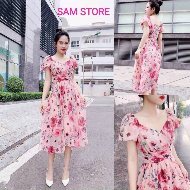 Đầm Lụa Hoa Hồng Xếp Ly Tay Con Phồng Dáng Xoè Size M SamStore