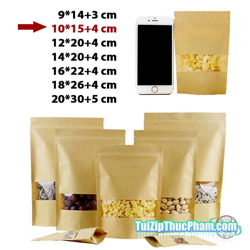 100 cái túi zip giấy kraft size 10x15+3cm có cửa sổ tràn viền, zipper nhỏ chuyên đựng thực phẩm chống nước, nhận in logo
