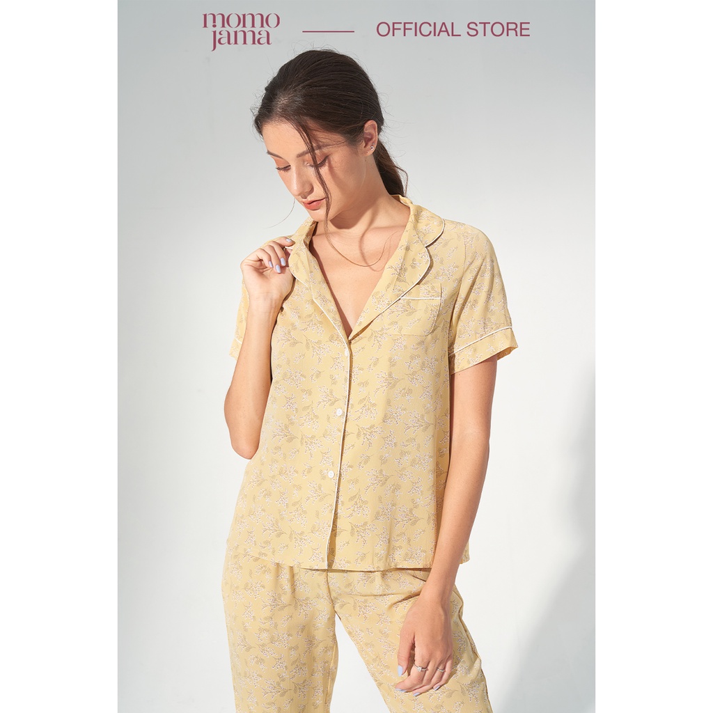 Bộ pyjama MOMOJAMA áo cộc quần dài lụa cát cao cấp, họa tiết hoa nhí màu pastel mj0251,52