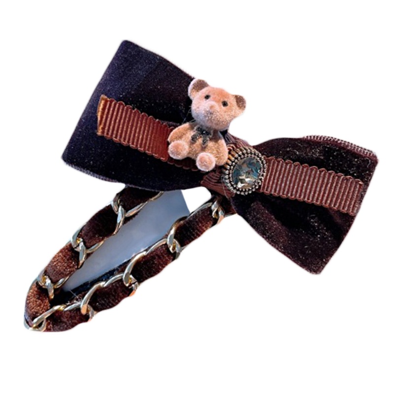 Kẹp Tóc Hình Gấu Phối Chuỗi Xích Bằng Nhung Handmade Chống Trượt Thời Trang