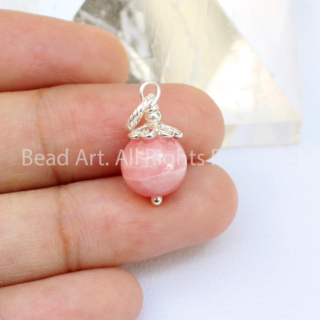 Mặt Dây Chuyền Đá Đào Hoa  Màu Hồng Và Bạc 925, Mệnh Hoả, Thổ, Trang Sức Đá Phong Thuỷ S50  - Bead Art