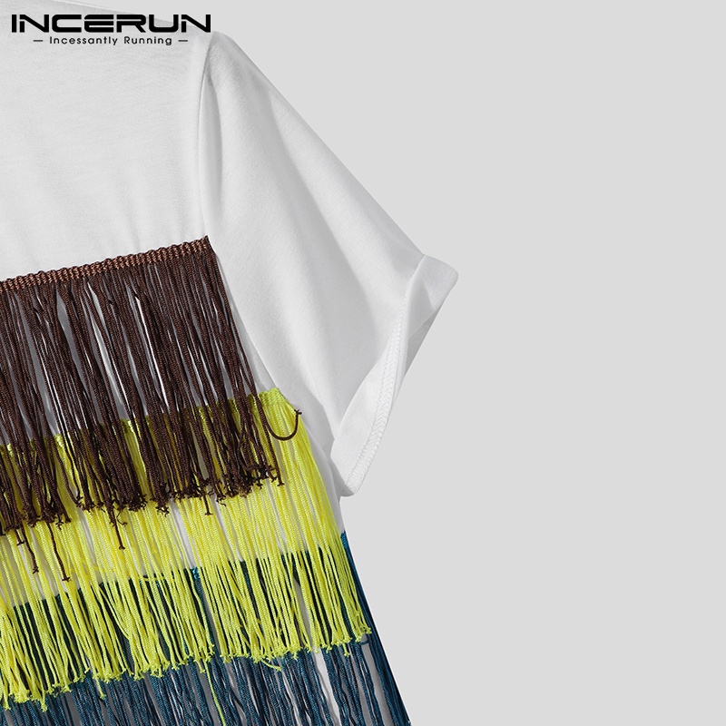 Áo thun INCERUN tay ngắn dáng rộng phối tua rua nhiều màu sắc thời trang sành điệu cho nam