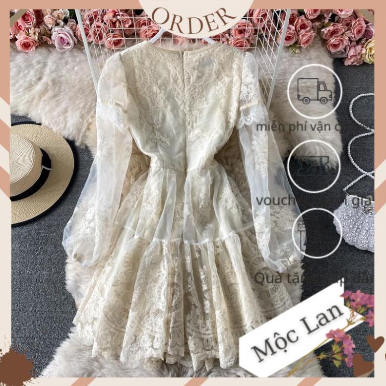 (MộcLan ORDER) Đầm cổ vuông tay dài màu be mix trắng chất voan mix ren hoa có size - hàng chuẩn | BigBuy360 - bigbuy360.vn