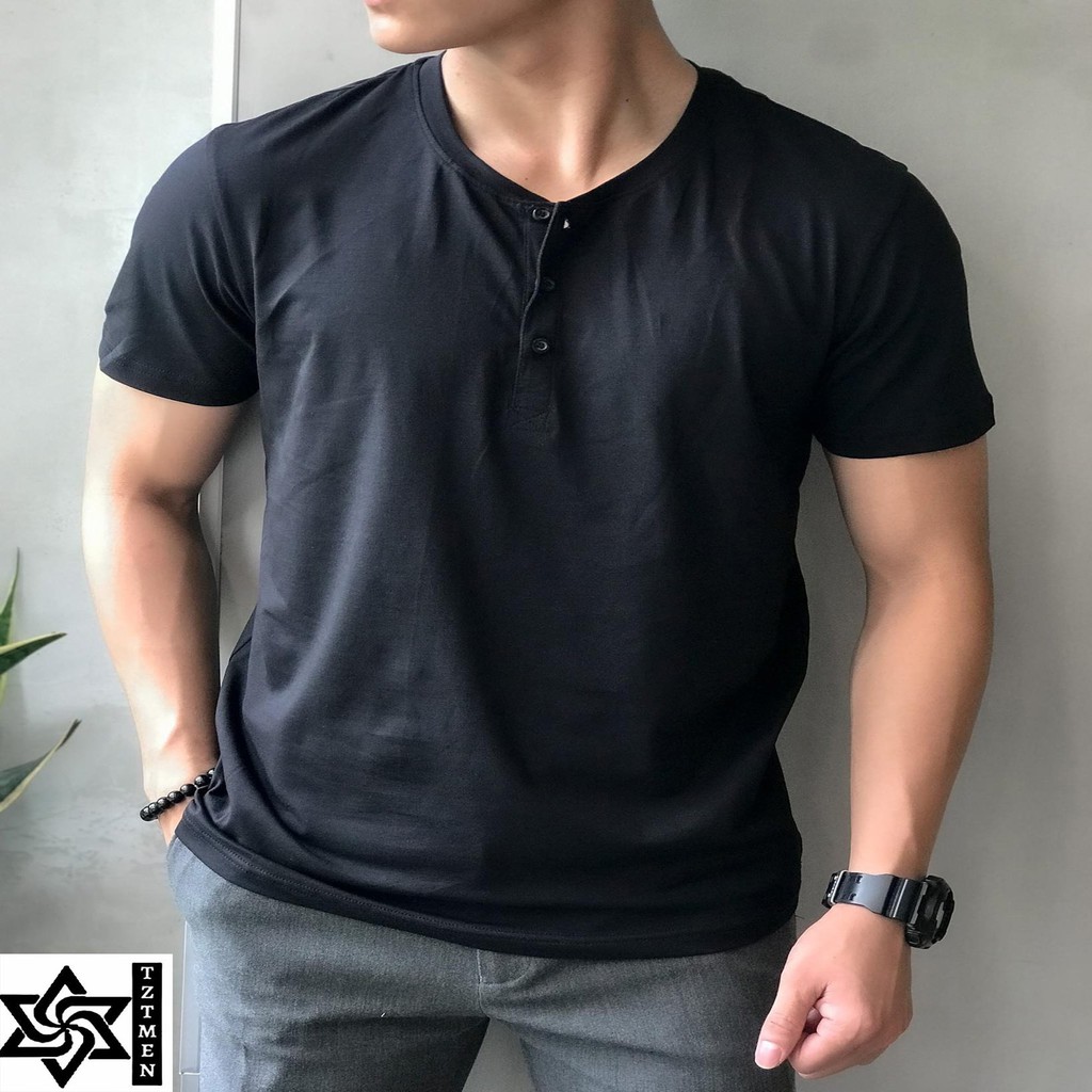 Áo Thun Trơn Cổ Tàu Có Cúc Chất Cotton Co Giãn 4 Chiều Thoáng Mát Form Slimfit Ôm Gọn Phù Hợp Đi Chơi Đi Làm
