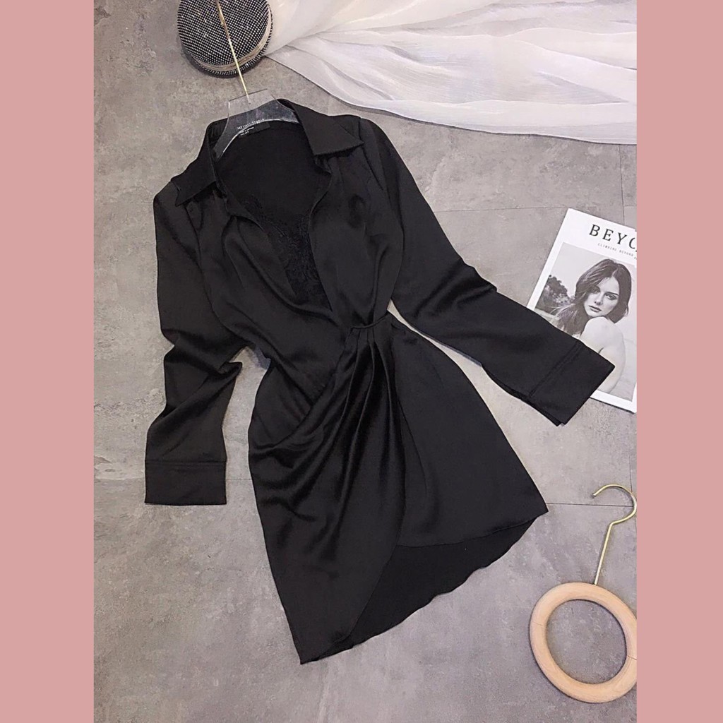 Đầm váy sơmi dự tiệc dáng ôm body tay dài xếp ly eo vạt chéo sexy sang trọng màu trắng đen satin lụa cao cấp có bigsize | BigBuy360 - bigbuy360.vn