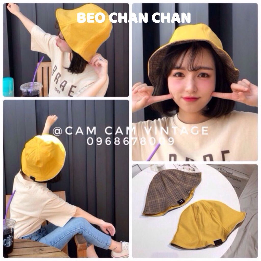 MŨ BUCKET VÀNG ĐỘI HAI MẶT ĐỘI 2 KIỂU ( 1 MẶT CARO + 1 MẶT MÀU ) ĐÁNG YÊU