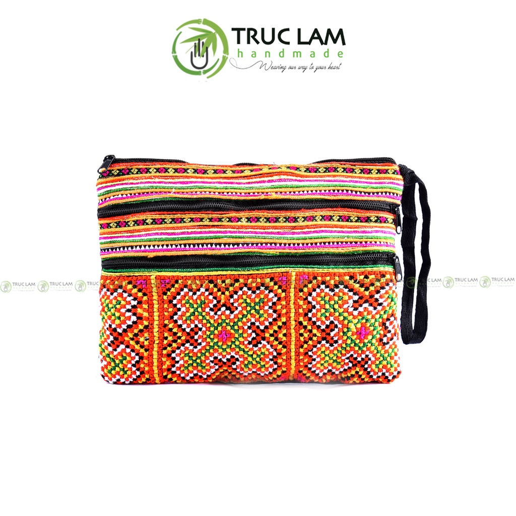 Ví Dài Cầm Tay Nữ Vải Thổ Cẩm Họa Tiết Thêu Tay 2 Khóa Thêu 1 Mặt - Trúc Lâm Handmade