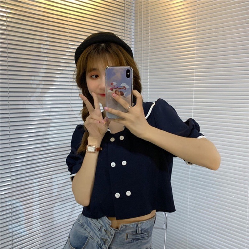 ÁO KIỂU SƠ MI CROPTOP TAY PHỒNG ULZZANG HẢI QUÂN [ORDER]