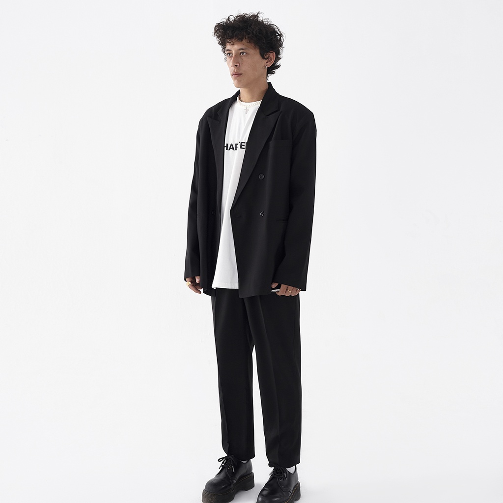 Áo Blazer, Vest đen 2 hàng nút, vạt đắp chéo, form rộng - Double Breasted Black Blazer
