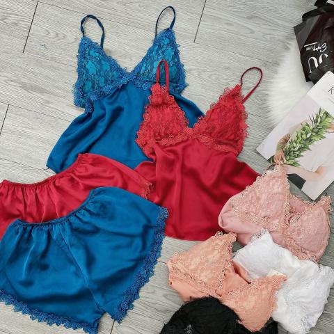 Đồ ngủ nữ 2 dây, Đồ ngủ sexy gợi cảm chất satin đan chéo lưng Freesize &lt;57kg - Linqu Sleepwear