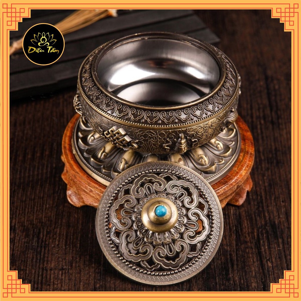 Lư xông trầm hương khắc hình bát bảo cát tường, tặng một hộp trầm nụ và trụ cắm nhang vòng.