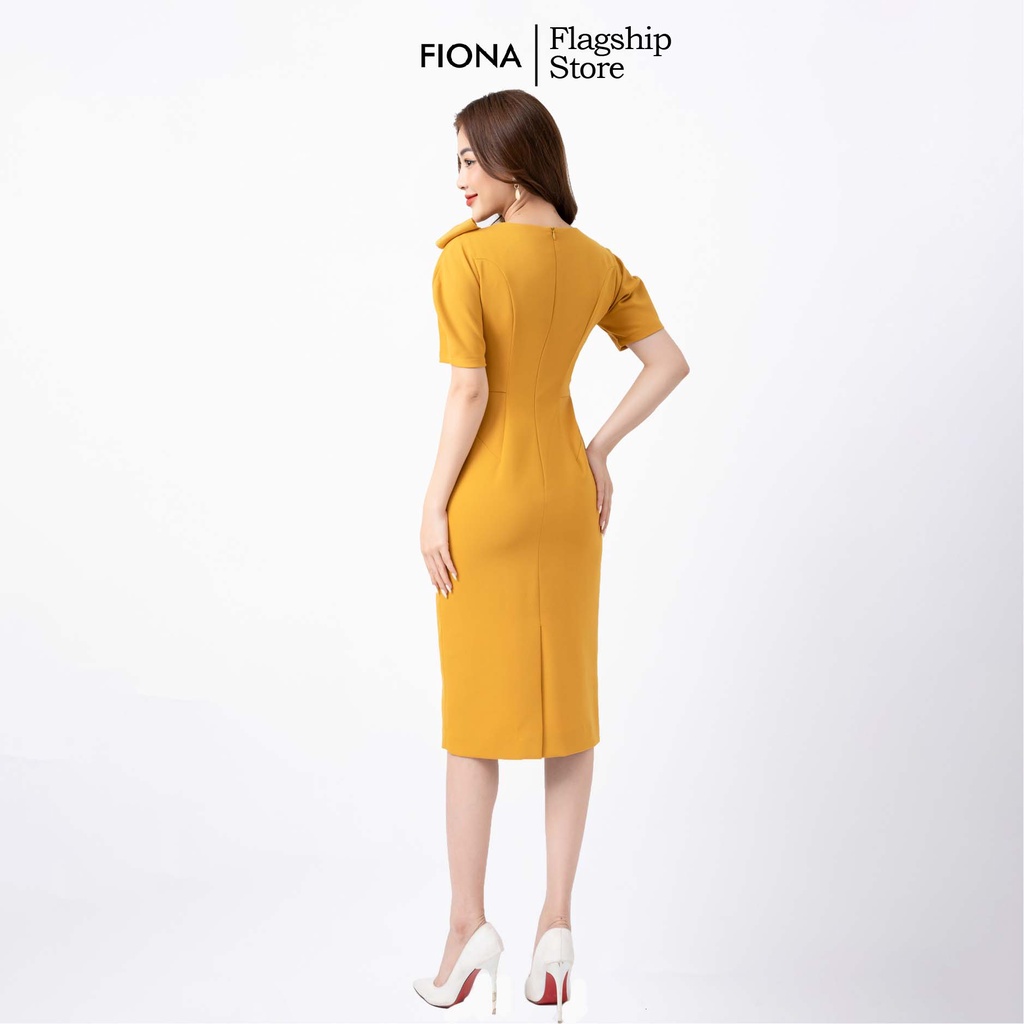 Đầm nữ  dáng ôm cổ tròn váy thiết kế phối tay phồng cách điệu và nơ trang trí FIONA L452005