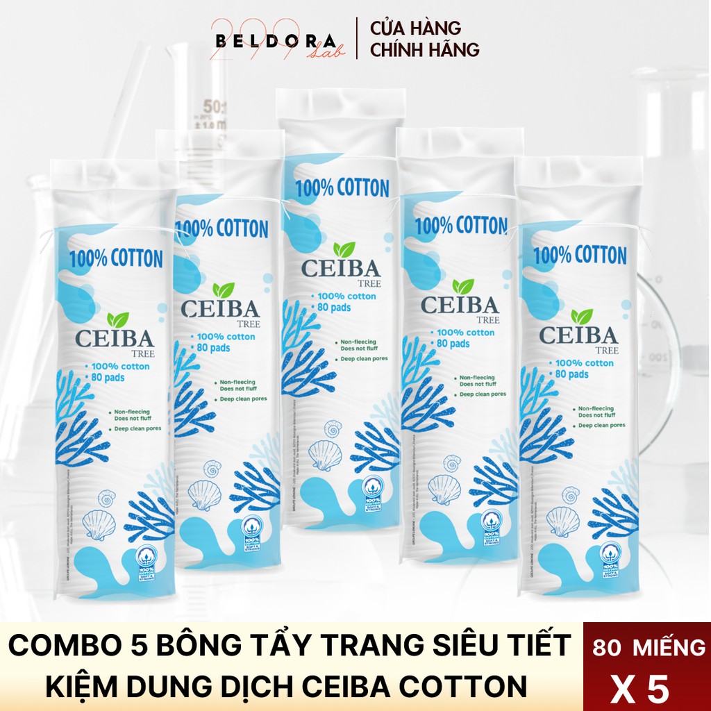 Combo 5 Bông Tẩy Trang Beldora Ceiba Cotton Siêu Tiết Kiệm Dung Dịch 80 Miếng x5