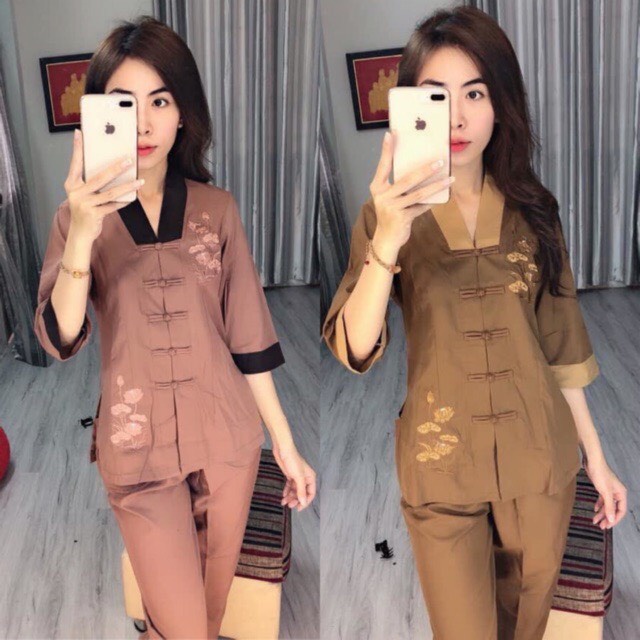 ĐỒ LAM ĐI CHÙA thiết kế mẫu la hán nữ phối thêu sen nút nổi set phật tử quần áo đi chùa mẫu truyền thống thanh lịch