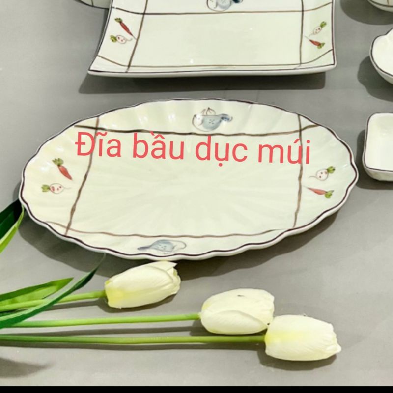 Bán lẻ bộ bát đĩa vẽ củ quả men kem.Hàng gốm sứ Bát Tràng.