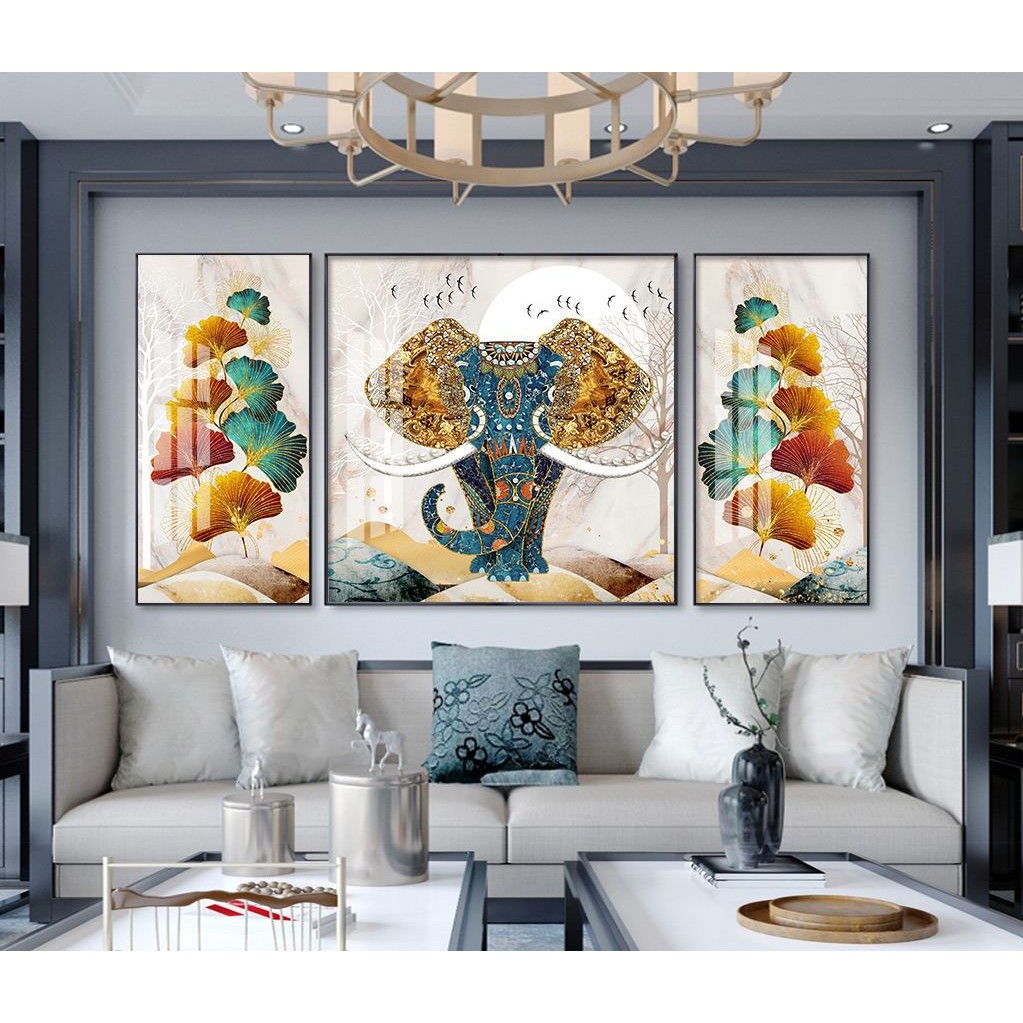 Bộ 3 Tranh Treo Tường Con Voi Tranh Phong Thuỷ- Cao Cấp Vải Canvas Kim Tuyến Tranh Tráng Gương 3D - Melyhome
