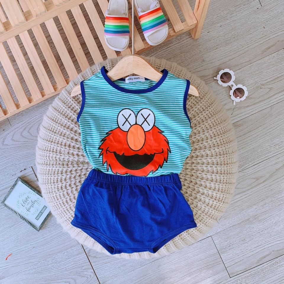 XẢ HÀNG Bộ quần áo ba lỗ in hình ngỗ nghĩnh, bộ quần áo sát nách Sesame Street dễ thương chất cotton 4c mịn mát