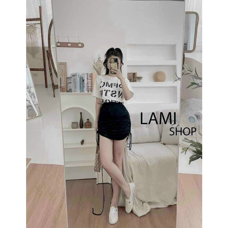 Set áo thun trắng in chữ kèm chân váy đen rút dây 2 bên, set váy thun đi chơi ôm body cực tôn dáng, dễ thương