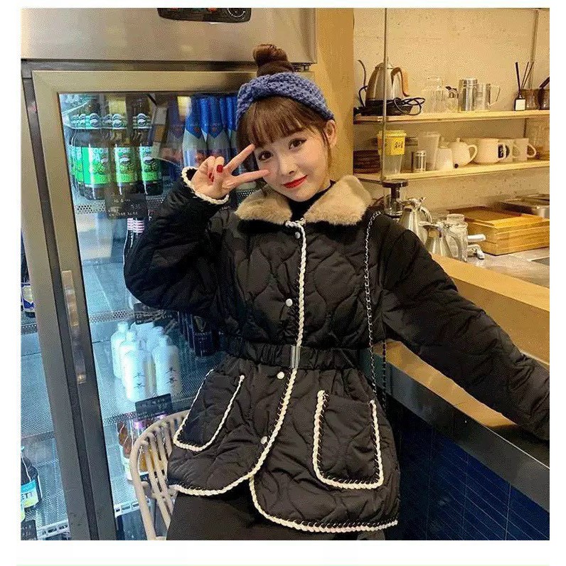 Áo khoác phao viền cổ lông chun đai