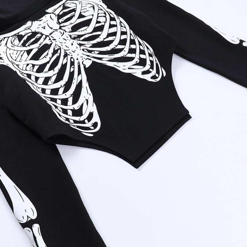 Áo Thun Croptop Tay Dài Cổ Lọ In Hình Bộ Xương Phong Cách Halloween Cho Nữ