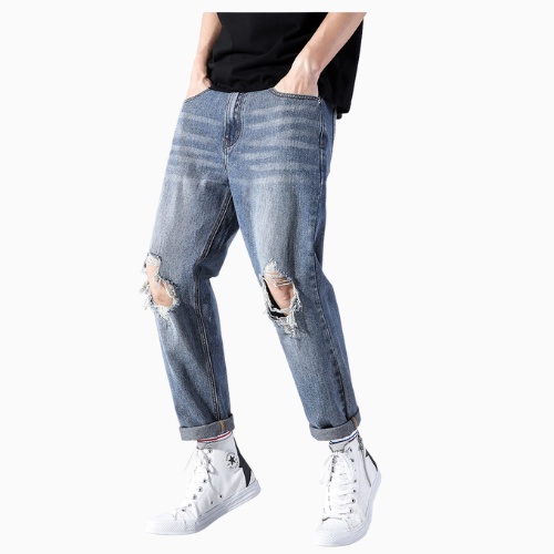 Quần jeans baggy nam dáng dài ống suông rộng màu xanh nhạt wash rách gối cá tính RT2 - GenZ Store HN