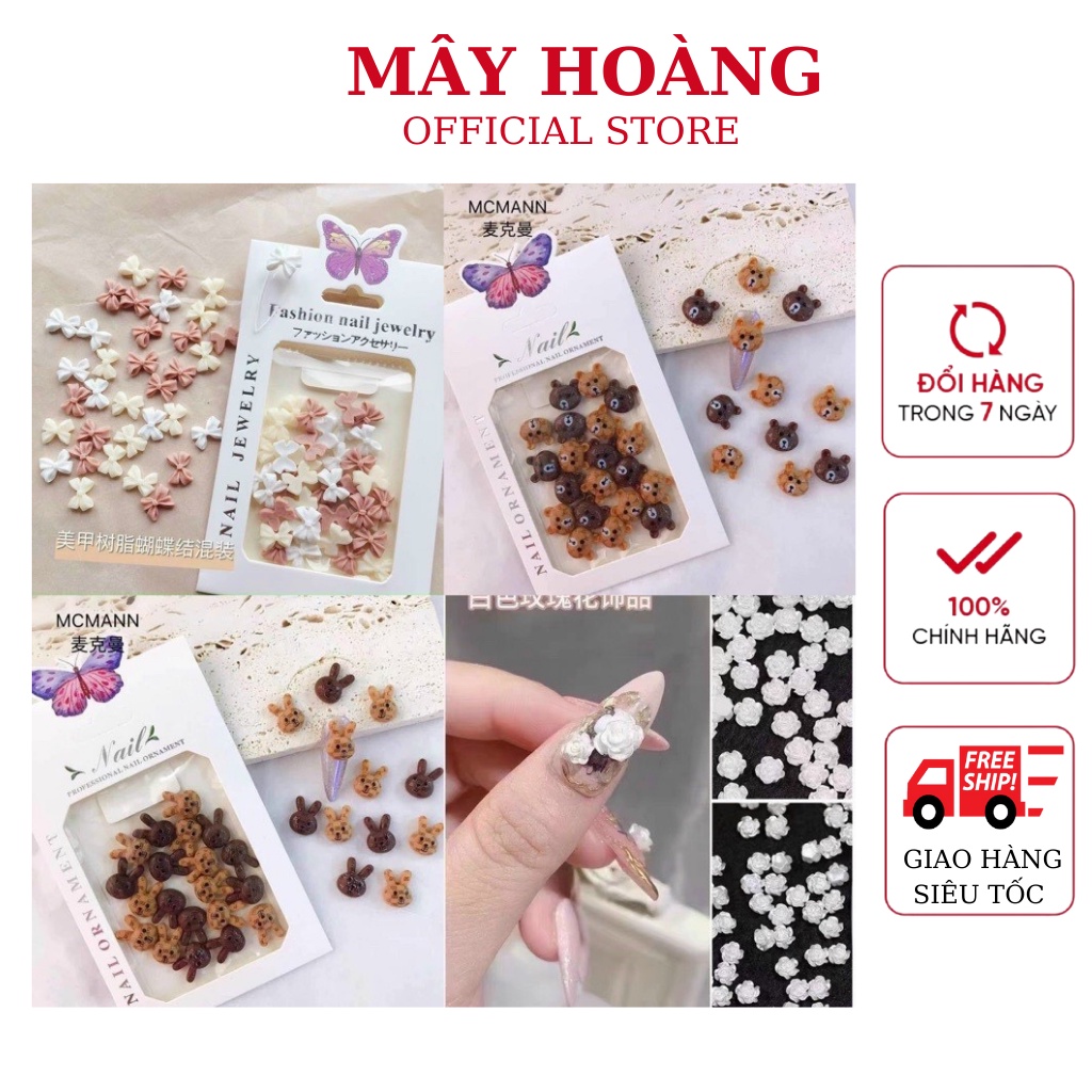 charm nail hoa, gấu, thỏ, nơ nhựa, chai rượu phụ kiện trang trí móng