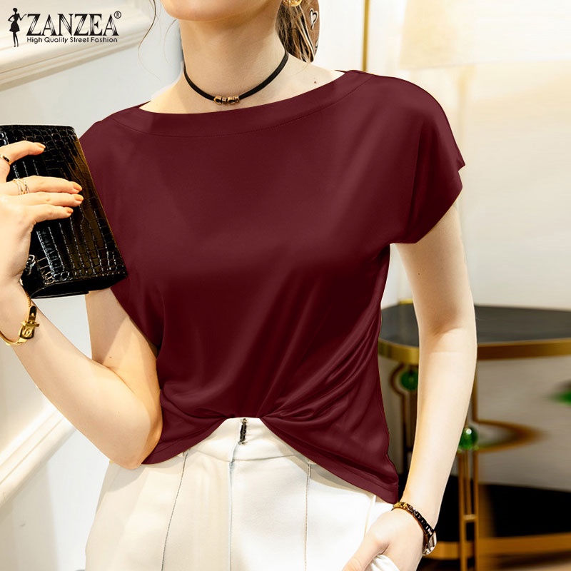 Áo thun Zanzea tay ngắn cổ tròn màu trơn thời trang cho nữ