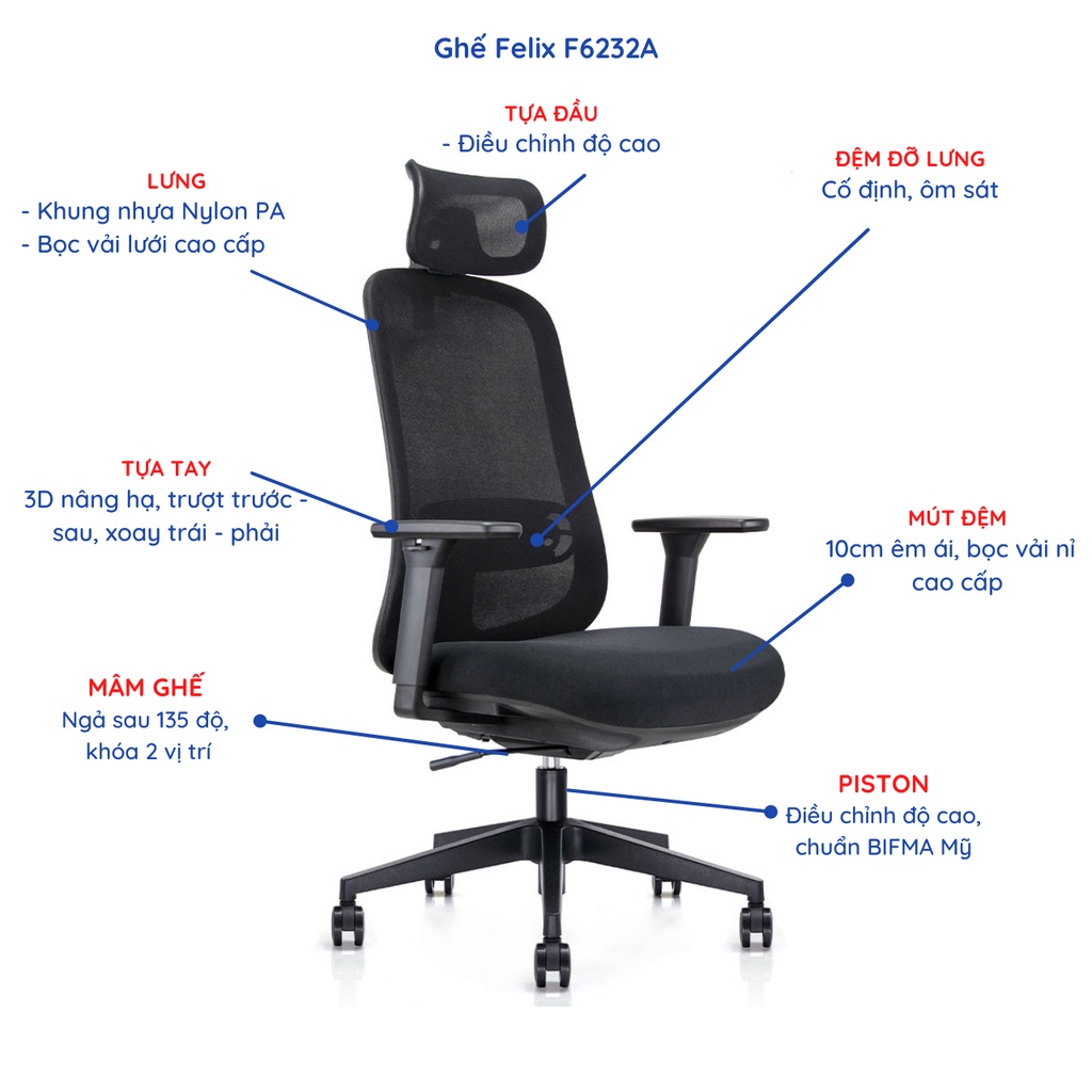 Ghế công thái học Ergonomic GOVI Felix F6232A - Thiết kế tựa đầu điều chỉnh, tựa tay 3D nâng hạ, mâm ghế ngả 135 độ