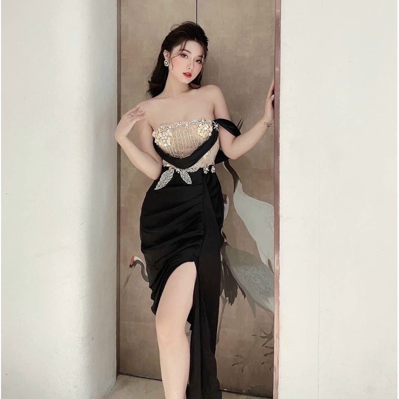 MS1228y ĐẦM PHI LỤA RỚT VAI ĐÍNH KS FULL SIZE S/M/L/XL