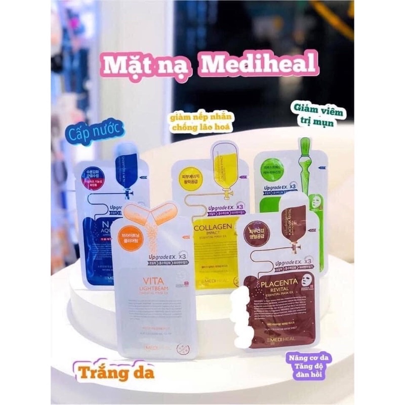 Mặt Nạ Mediheal Tea Tree, Vita Lightbeam, Placenta Revital, Collagen, Aquaring Cấp Nước NMF 3X Xanh Dương Essential Mask