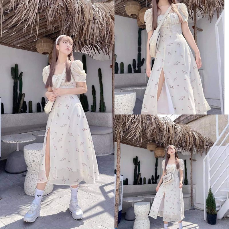 Váy hoa nhí hồng dự tiệc cổ nhún tay bồng dáng xoè xẻ tà thắt nơ eo ullzang tôn dáng kèm ảnh thật
