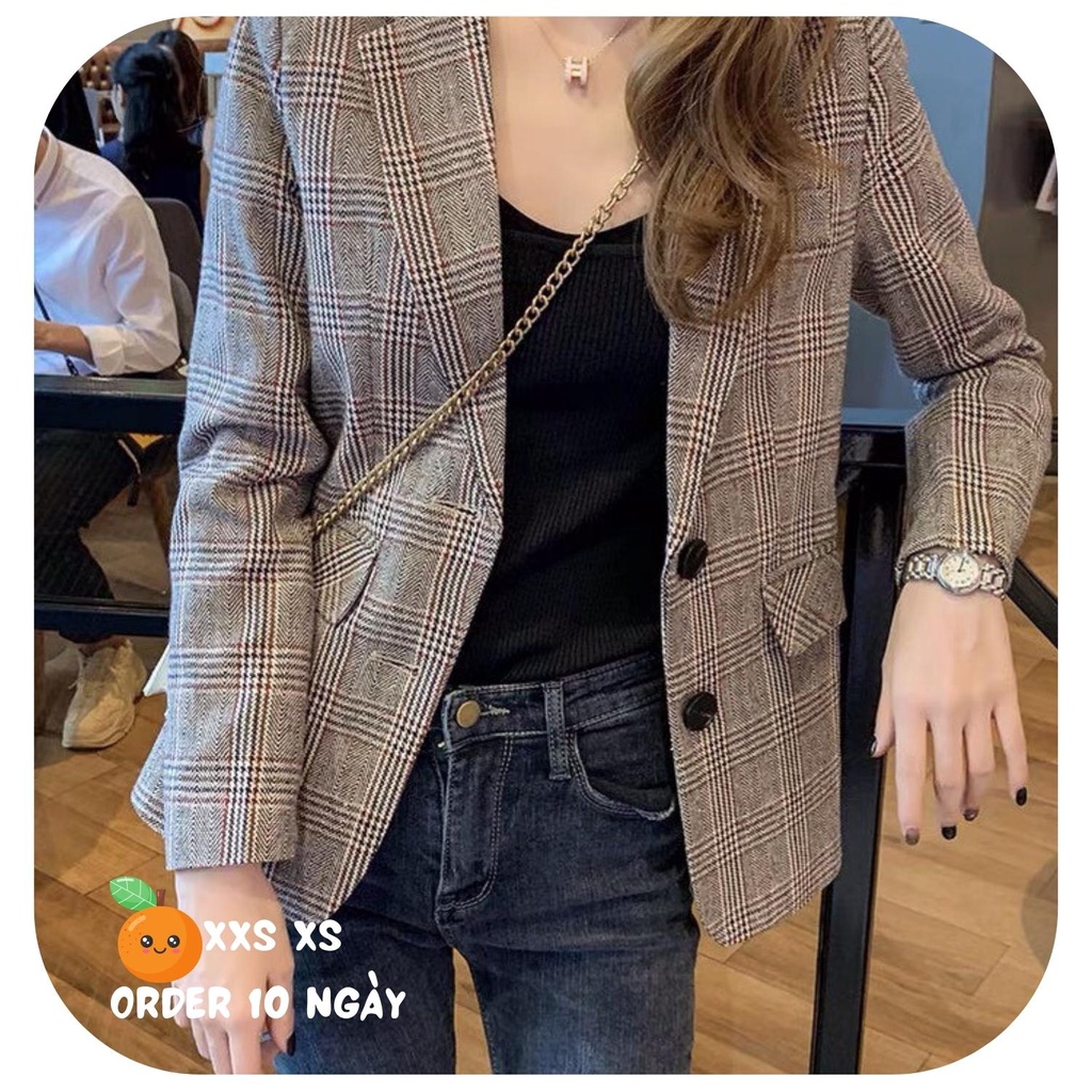 Áo Blazer Kẻ Caro Size XS Nữ Dài Tay Phong Cách Hàn Quốc