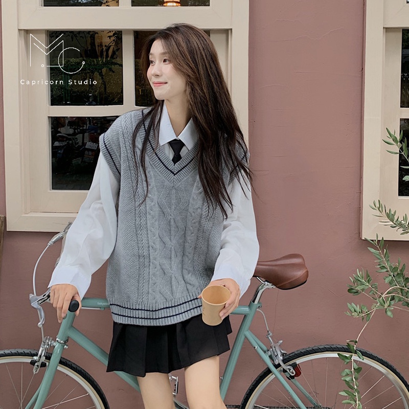 Áo gile dệt kim cổ chữ V hai màu ghi, màu be dễ phối đồ phong cách Hàn Quốc [MinC.Studio - MCAGL005] | BigBuy360 - bigbuy360.vn